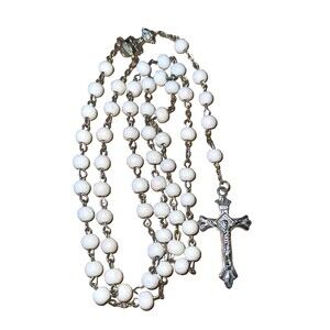 Vintage Catholic Rosary Beads Cream Color & Silver Tone Chain & Crucifix
